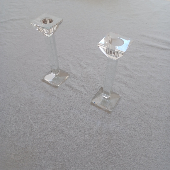 Set of 2 Crystal Glass Modern Square Candlesticks - Picture 1 of 10